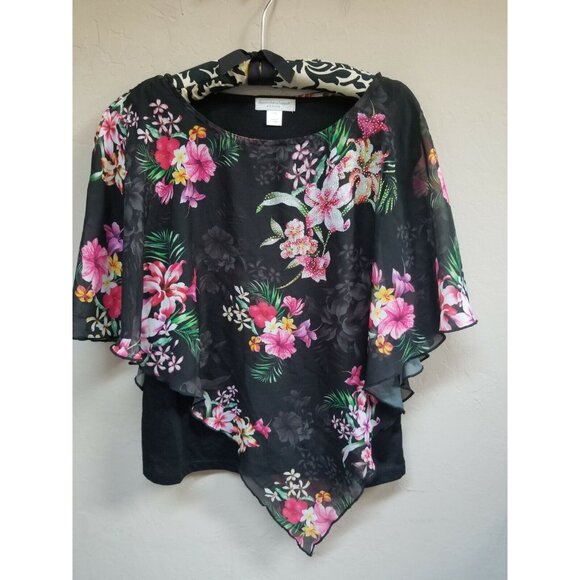 Christopher & Banks Top Medium Petite Black Floral Lace Overlay Chiffon Blouse - Picture 1 of 8